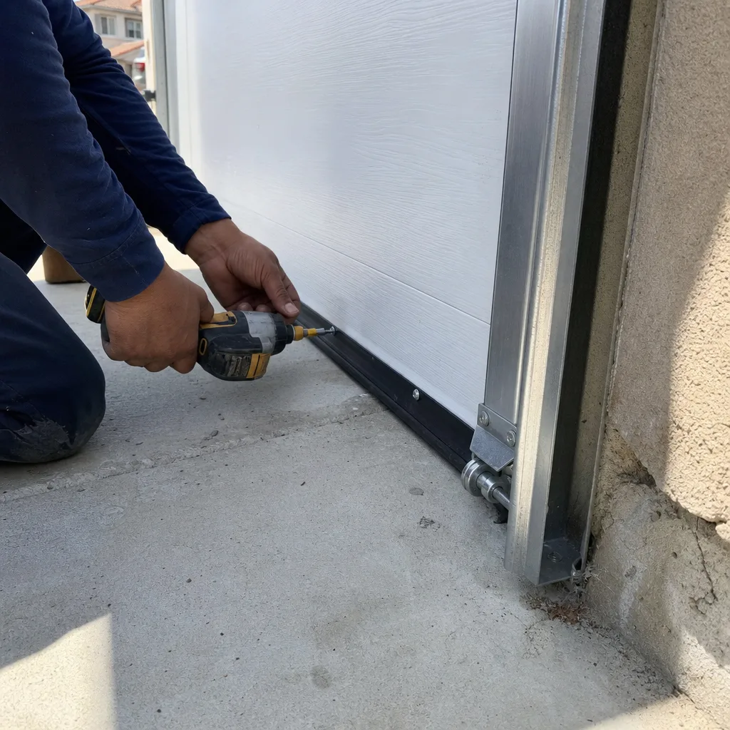 Technician installing a garage door weather seal using a power drill