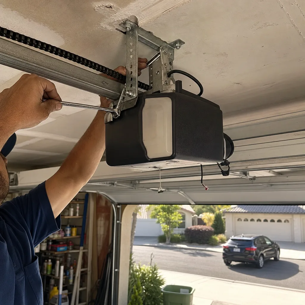 Technician performing professional garage door opener repair and installation.