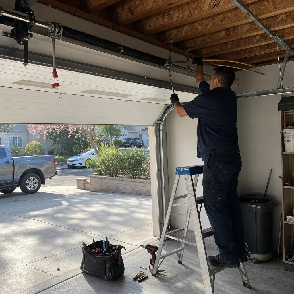 Professional technician performing residential garage door spring repair service.