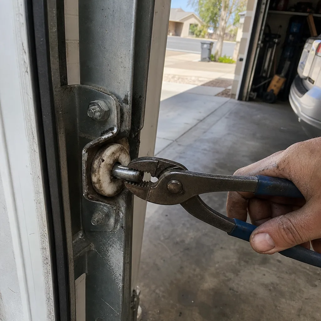 Technician performing garage door roller maintenance and repair