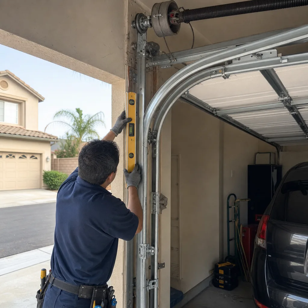 Technician checking garage door track alignment with a level during repair